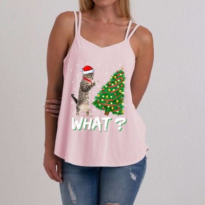 What Funny Cat Pushing Christmas Tree Over Cat Xmas Gift Women's Strappy Tank