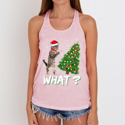 What Funny Cat Pushing Christmas Tree Over Cat Xmas Gift Women's Knotted Racerback Tank