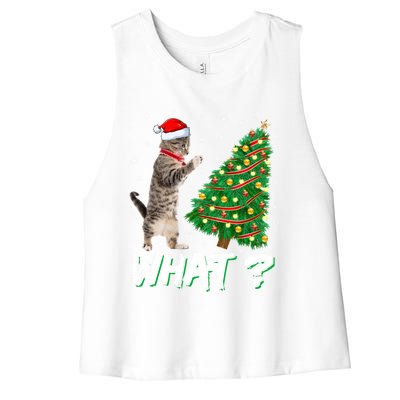 What Funny Cat Pushing Christmas Tree Over Cat Xmas Gift Women's Racerback Cropped Tank