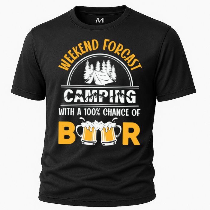 Weekend Forecast Camping With A 100% Chance Of Beer Funny Camping Cooling Performance Crew T-Shirt