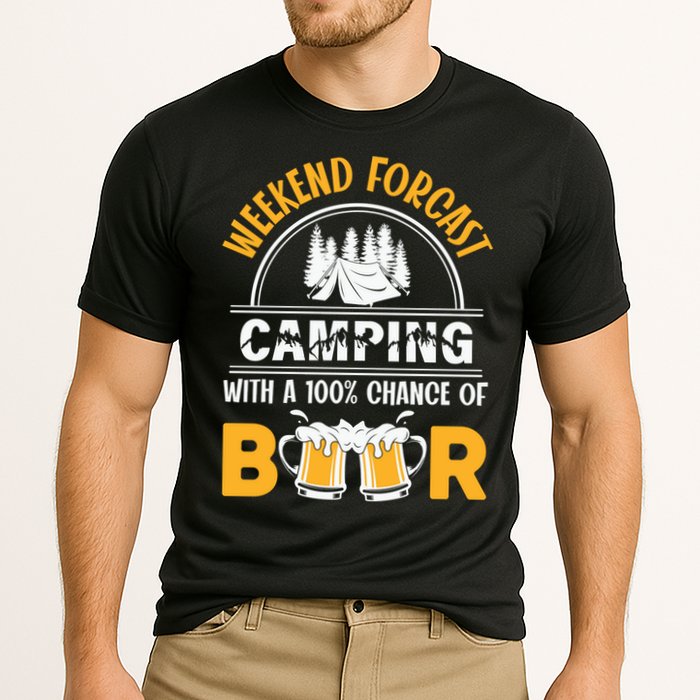 Weekend Forecast Camping With A 100% Chance Of Beer Funny Camping Cooling Performance Crew T-Shirt