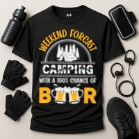 Weekend Forecast Camping With A 100% Chance Of Beer Funny Camping Cooling Performance Crew T-Shirt