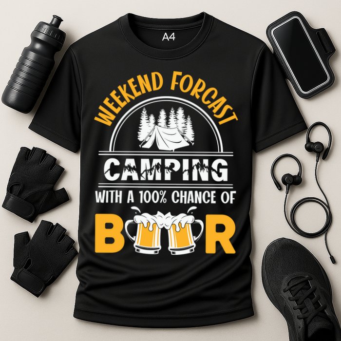 Weekend Forecast Camping With A 100% Chance Of Beer Funny Camping Cooling Performance Crew T-Shirt