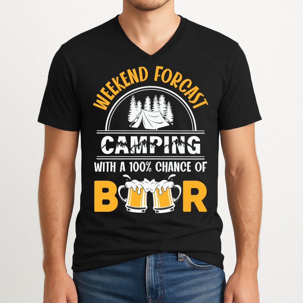 Weekend Forecast Camping With A 100% Chance Of Beer Funny Camping V-Neck T-Shirt