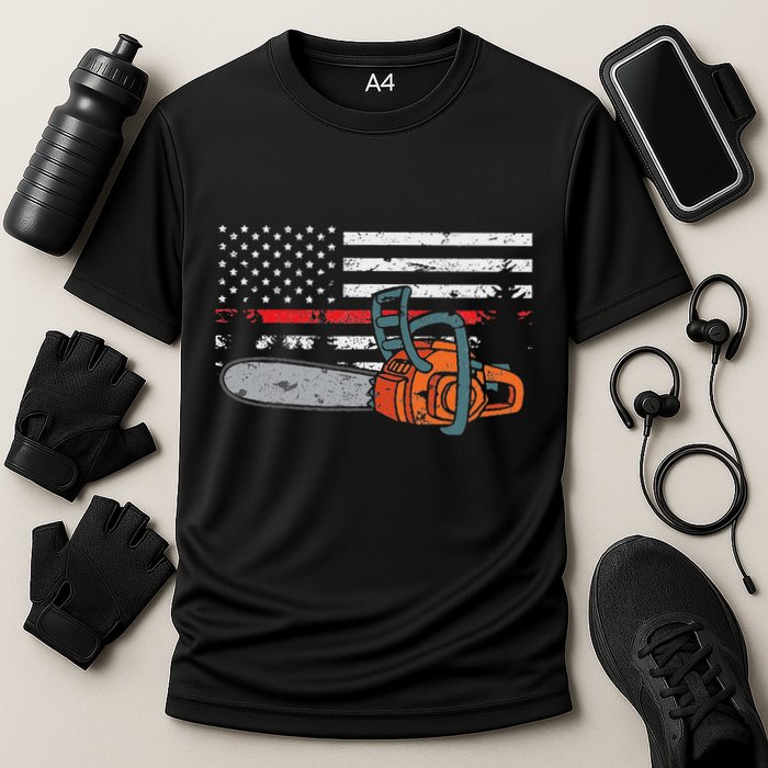 Wildland Firefighter Chainsaw Red Line American Flag Cooling Performance Crew T-Shirt