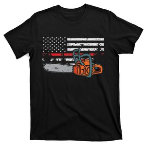 Wildland Firefighter Chainsaw Red Line American Flag T-Shirt