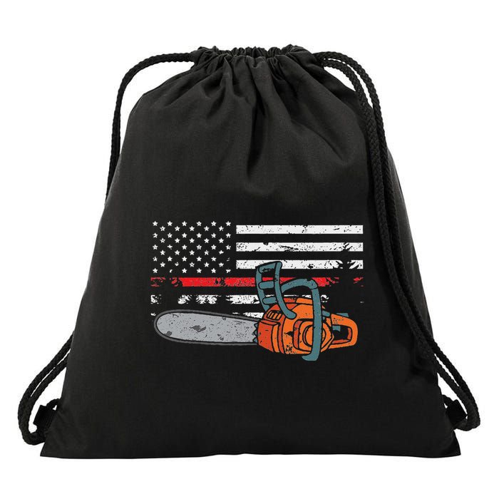 Wildland Firefighter Chainsaw Red Line American Flag Drawstring Bag