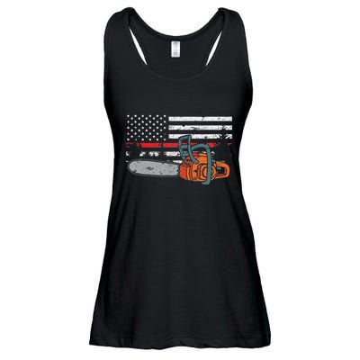 Wildland Firefighter Chainsaw Red Line American Flag Ladies Essential Flowy Tank