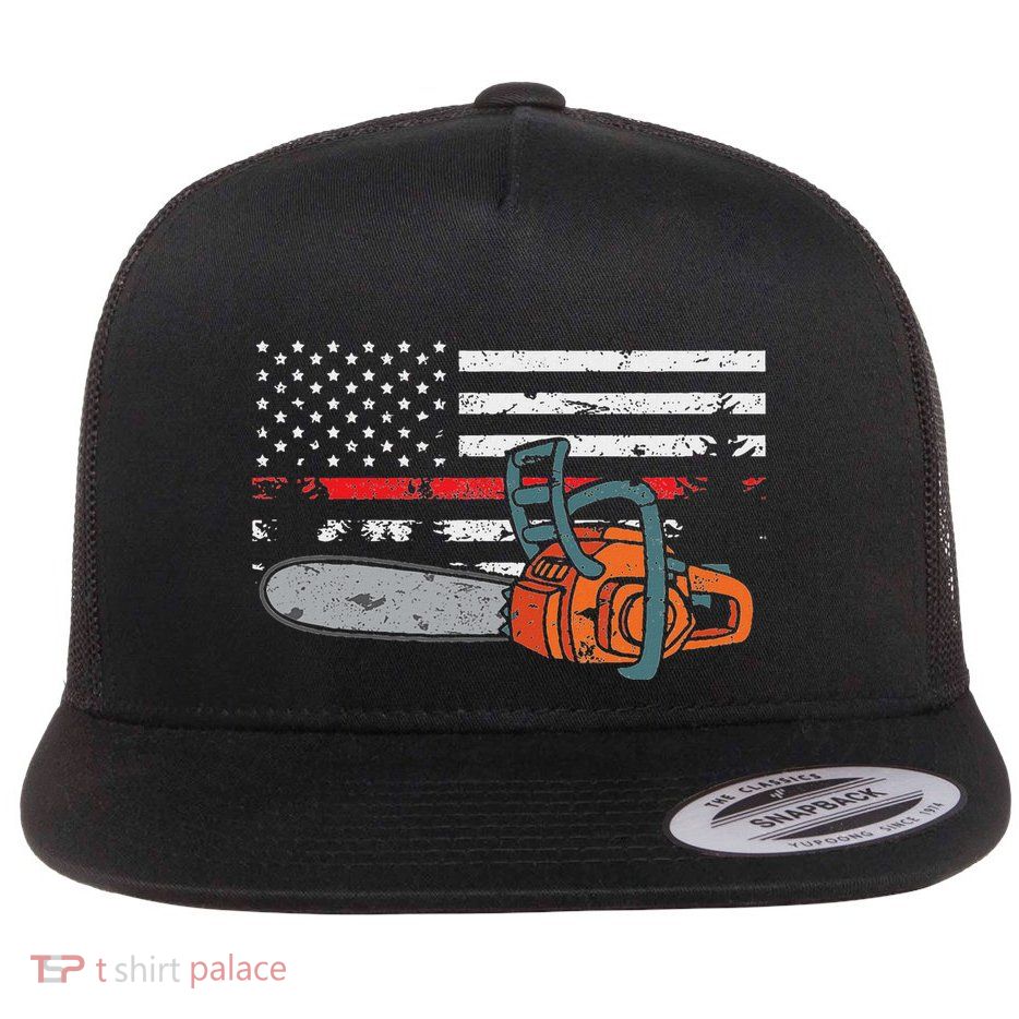 Wildland Firefighter Chainsaw Red Line American Flag Flatbill Hat