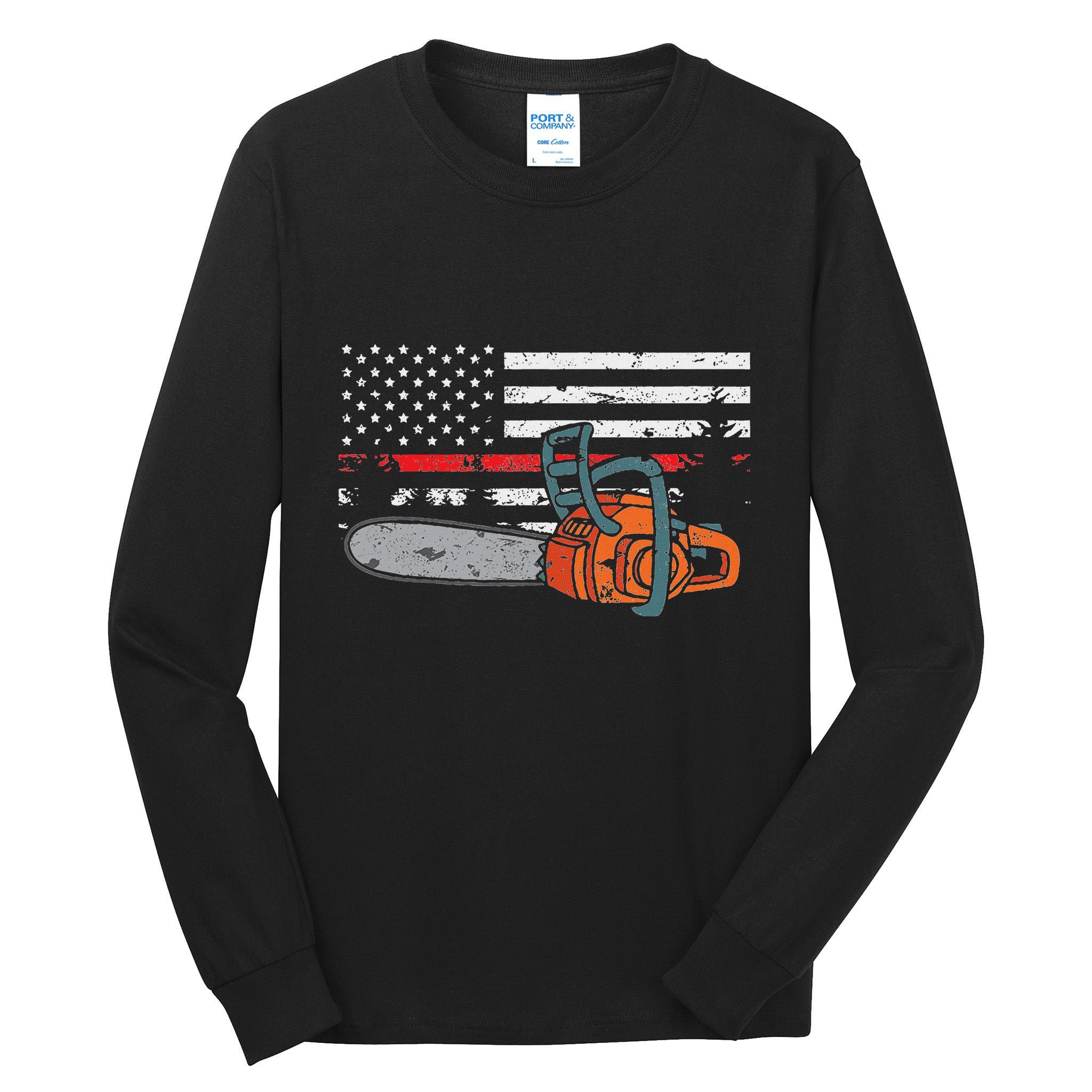 Wildland Firefighter Chainsaw Red Line American Flag Tall Long Sleeve T-Shirt