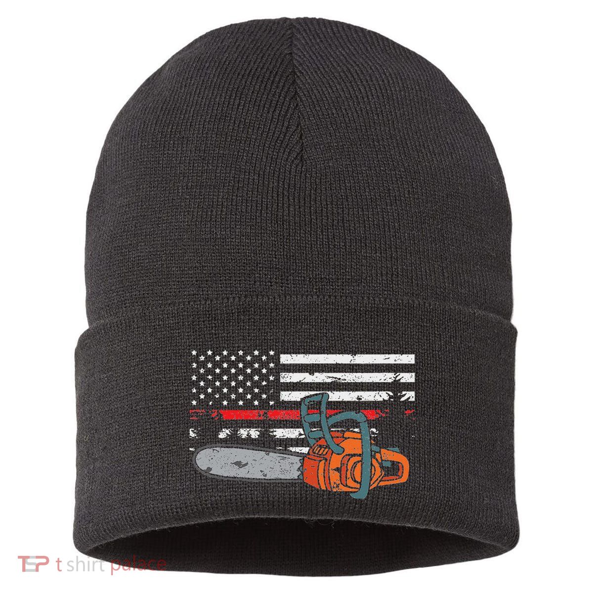 Wildland Firefighter Chainsaw Red Line American Flag Sustainable Knit Beanie