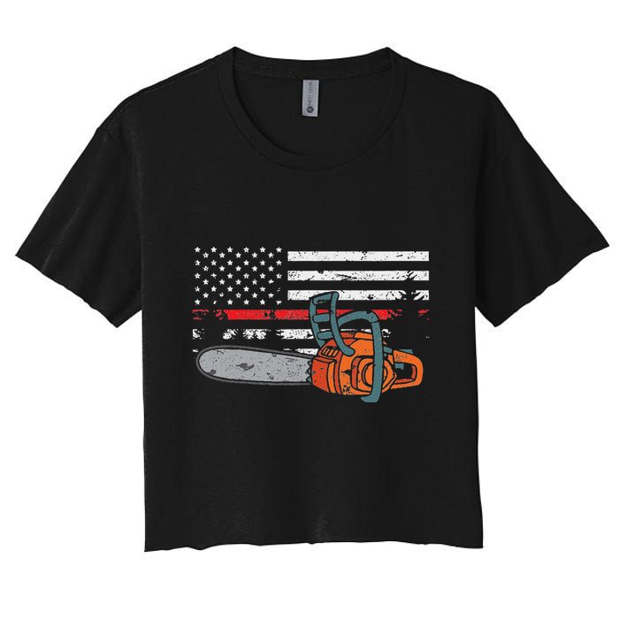 Wildland Firefighter Chainsaw Red Line American Flag Women's Crop Top Tee