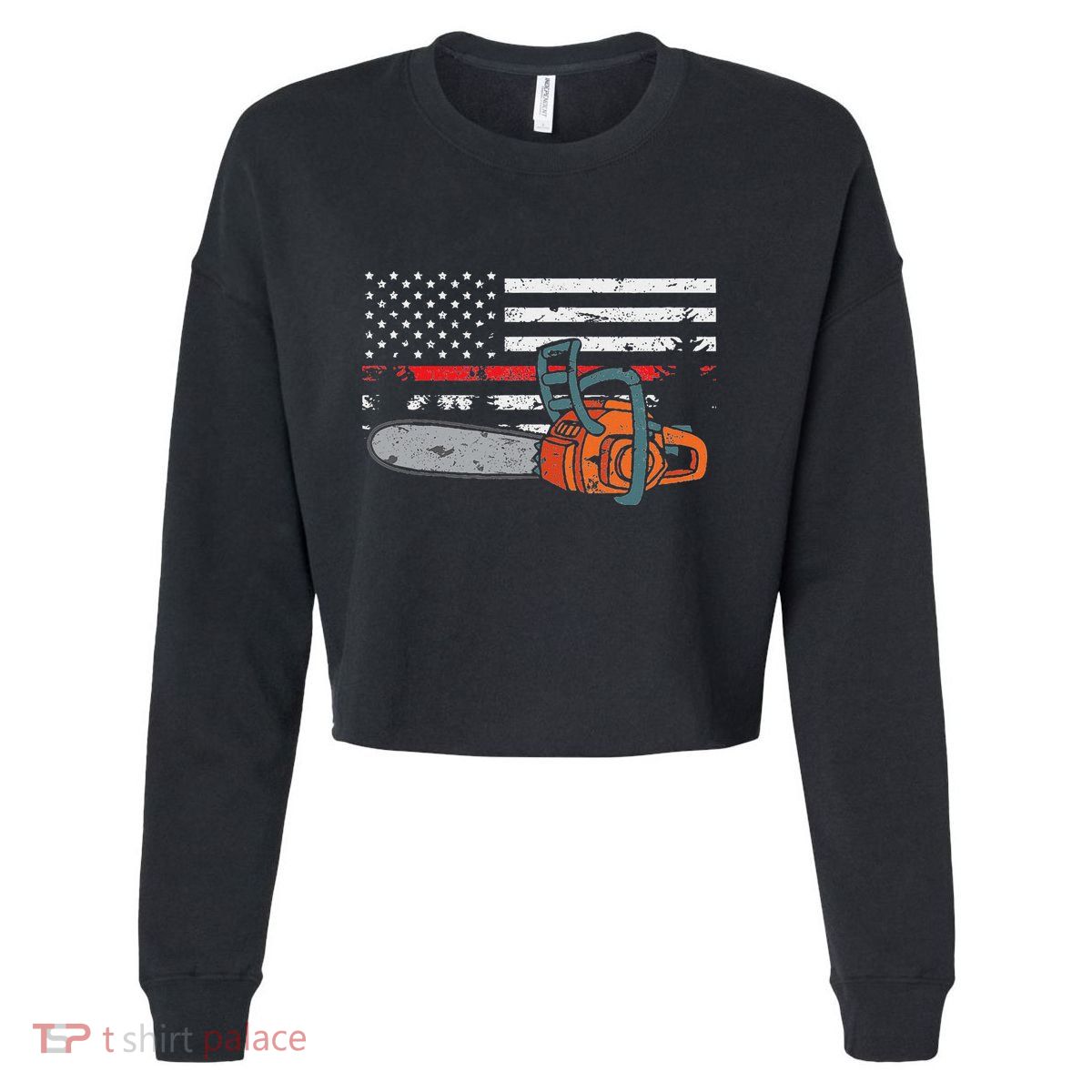 Wildland Firefighter Chainsaw Red Line American Flag Cropped Pullover Crew