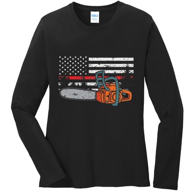 Wildland Firefighter Chainsaw Red Line American Flag Ladies Long Sleeve Shirt