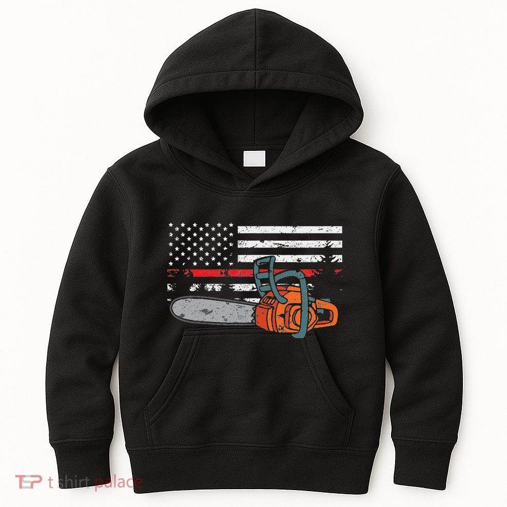 Wildland Firefighter Chainsaw Red Line American Flag Kids Hoodie