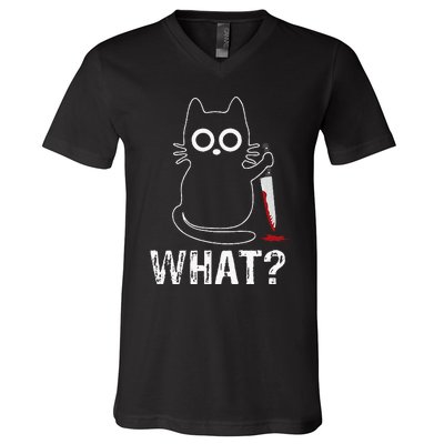 What Funny Cat With Knife V-Neck T-Shirt