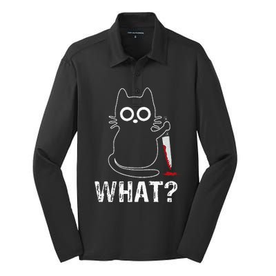 What Funny Cat With Knife Silk Touch Performance Long Sleeve Polo