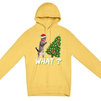 What Funny Cat Pushing Christmas Tree Over Cat Xmas Cool Gift Premium Pullover Hoodie