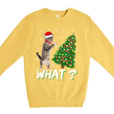 What Funny Cat Pushing Christmas Tree Over Cat Xmas Cool Gift Premium Crewneck Sweatshirt