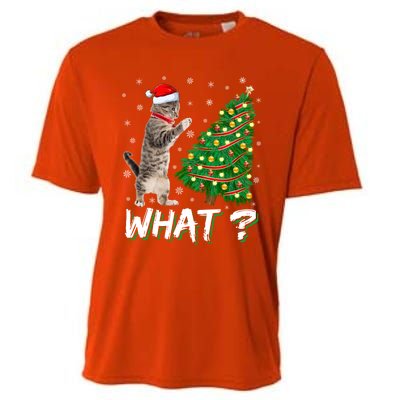 What Funny Cat Pushing Christmas Tree Over Cat Xmas Cool Gift Cooling Performance Crew T-Shirt