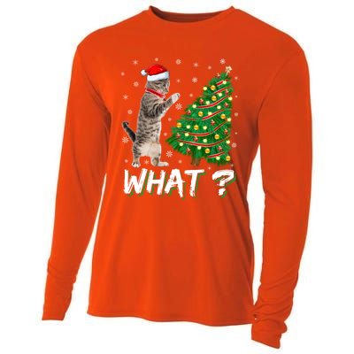 What Funny Cat Pushing Christmas Tree Over Cat Xmas Cool Gift Cooling Performance Long Sleeve Crew