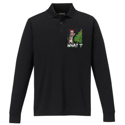 What Funny Cat Pushing Christmas Tree Over Cat Xmas Cool Gift Performance Long Sleeve Polo