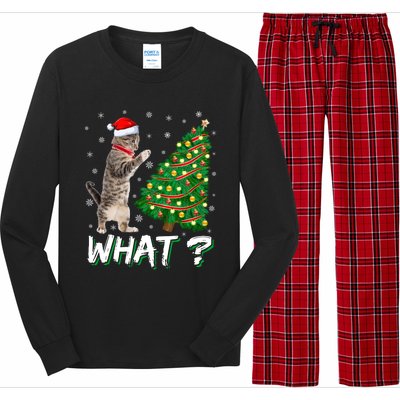 What Funny Cat Pushing Christmas Tree Over Cat Xmas Cool Gift Long Sleeve Pajama Set