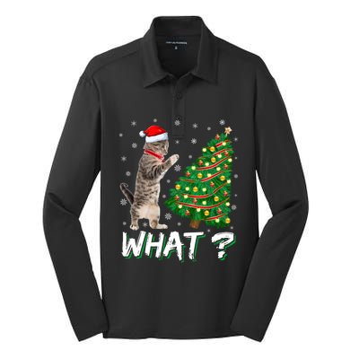 What Funny Cat Pushing Christmas Tree Over Cat Xmas Cool Gift Silk Touch Performance Long Sleeve Polo