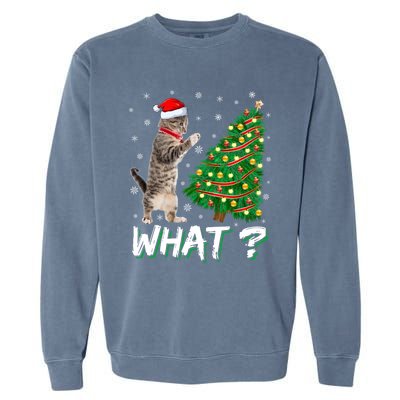 What Funny Cat Pushing Christmas Tree Over Cat Xmas Cool Gift Garment-Dyed Sweatshirt