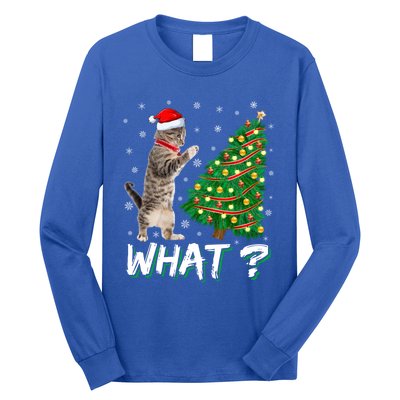 What Funny Cat Pushing Christmas Tree Over Cat Xmas Cool Gift Long Sleeve Shirt