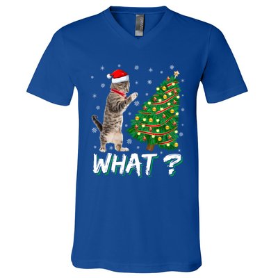 What Funny Cat Pushing Christmas Tree Over Cat Xmas Cool Gift V-Neck T-Shirt