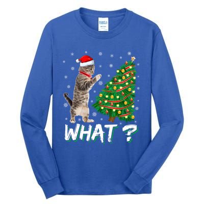 What Funny Cat Pushing Christmas Tree Over Cat Xmas Cool Gift Tall Long Sleeve T-Shirt