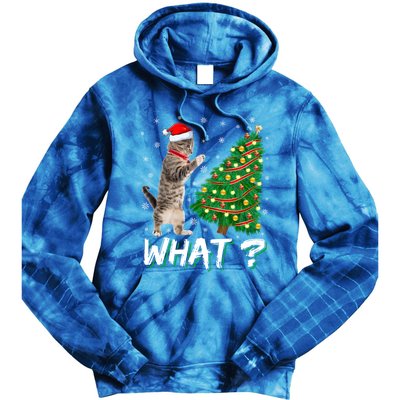 What Funny Cat Pushing Christmas Tree Over Cat Xmas Cool Gift Tie Dye Hoodie