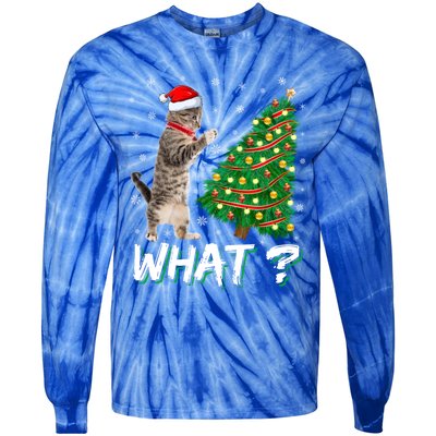 What Funny Cat Pushing Christmas Tree Over Cat Xmas Cool Gift Tie-Dye Long Sleeve Shirt