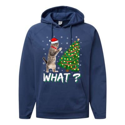 What Funny Cat Pushing Christmas Tree Over Cat Xmas Cool Gift Performance Fleece Hoodie