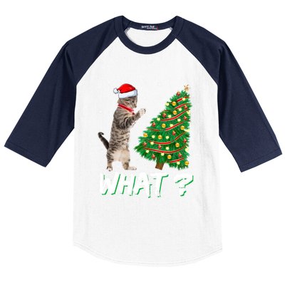 What Funny Cat Pushing Christmas Tree Over Cat Xmas Cool Gift Baseball Sleeve Shirt