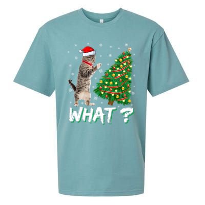 What Funny Cat Pushing Christmas Tree Over Cat Xmas Cool Gift Sueded Cloud Jersey T-Shirt