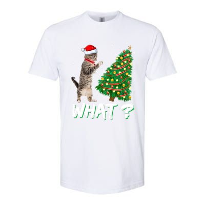 What Funny Cat Pushing Christmas Tree Over Cat Xmas Cool Gift Softstyle CVC T-Shirt