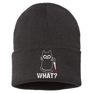 What? Funny Cat With Knife Graphic Design Sustainable Knit Beanie