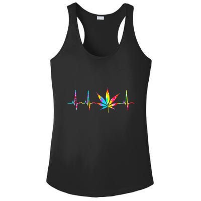 Weed Funny Cannabis Marijuana Leaf Heartbeat Stoner Tie Dye Ladies PosiCharge Competitor Racerback Tank
