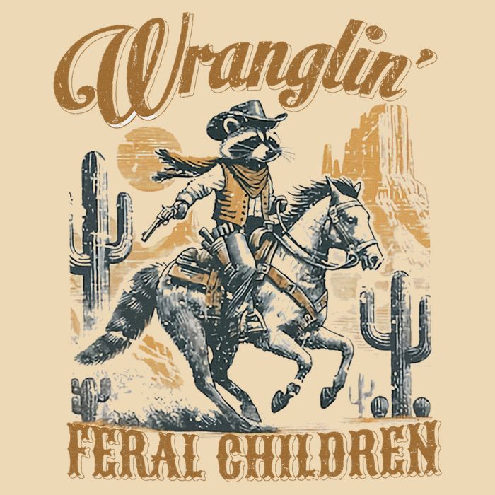 Wrangling Feral Children Funny Meme Racoon Cowboy Retro Drawstring Bag