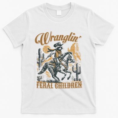 Wrangling Feral Children Funny Meme Racoon Cowboy Retro T-Shirt