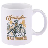 Wrangling Feral Children Funny Meme Racoon Cowboy Retro 11oz C Handle Ceramic Mug