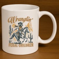 Wrangling Feral Children Funny Meme Racoon Cowboy Retro 11oz C Handle Ceramic Mug
