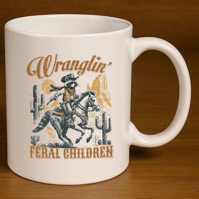 Wrangling Feral Children Funny Meme Racoon Cowboy Retro 11oz C Handle Ceramic Mug