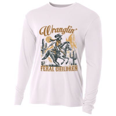 Wrangling Feral Children Funny Meme Racoon Cowboy Retro Cooling Performance Long Sleeve Crew