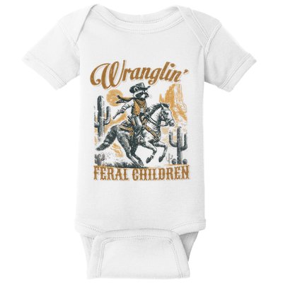 Wrangling Feral Children Funny Meme Racoon Cowboy Retro Baby Bodysuit