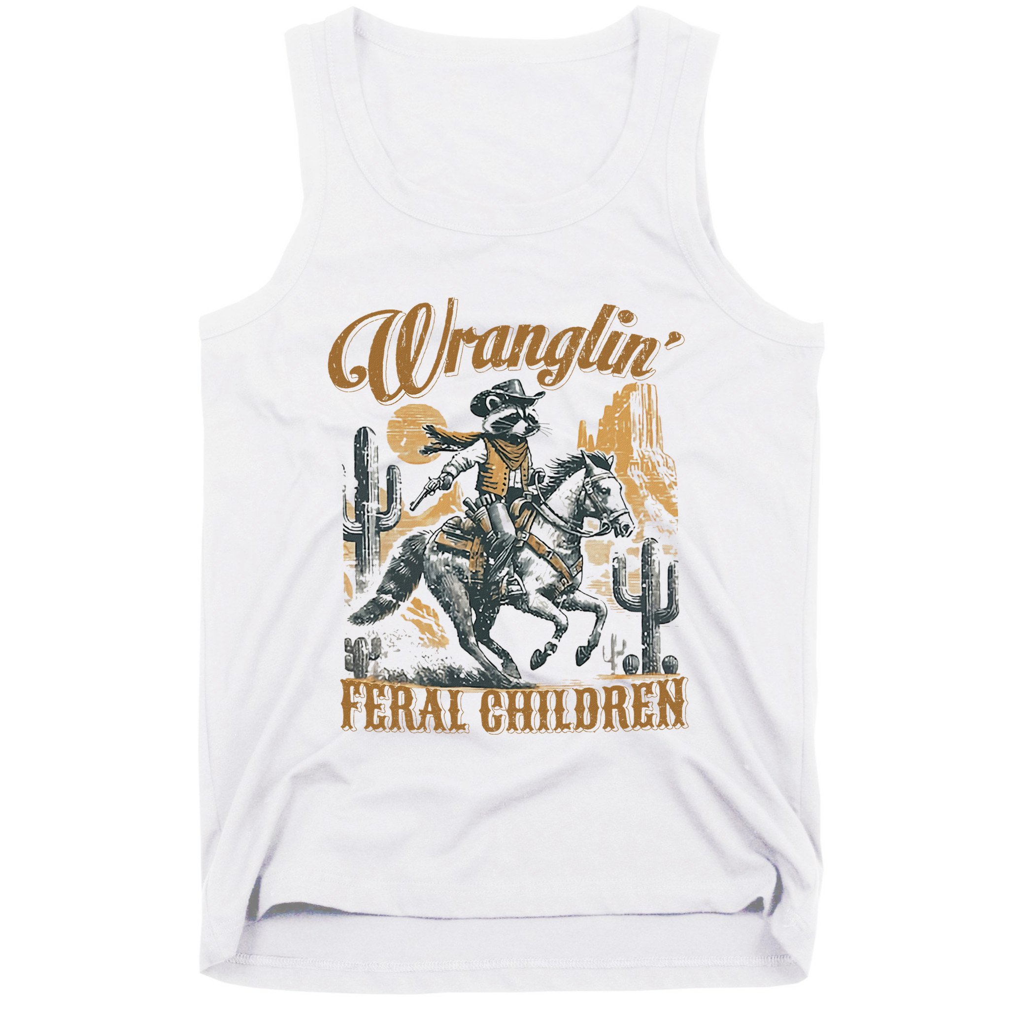 Wrangling Feral Children Funny Meme Racoon Cowboy Retro Tank Top
