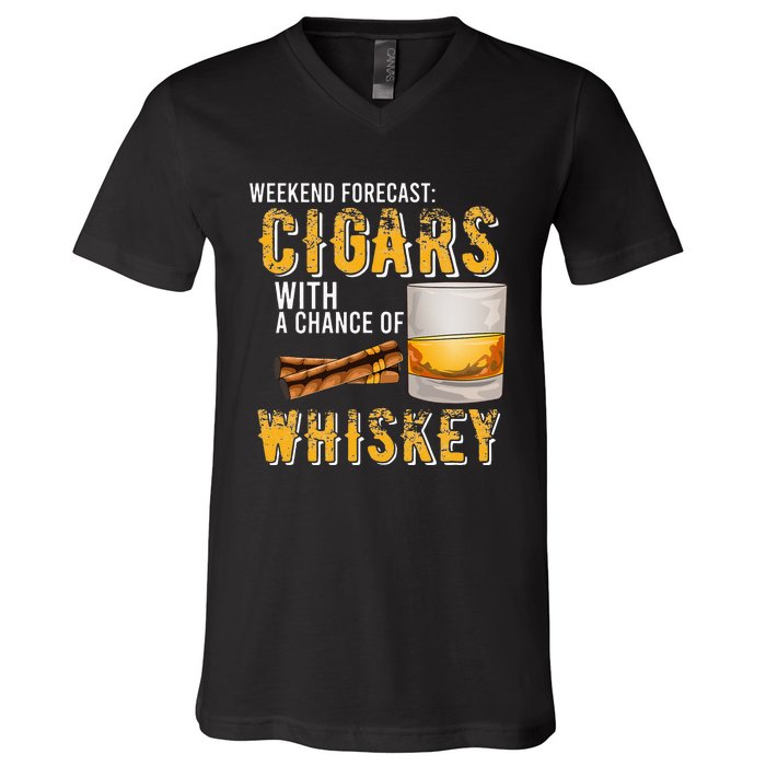 Weekend Forecast Cigars With Chance Of Whiskey Gifts V-Neck T-Shirt