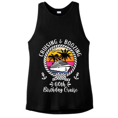 WoM.e.ns Funny Cruise Ship Cruising and Boozing 60th Birthday Cruise V-Neck Ladies PosiCharge Tri-Blend Wicking Tank